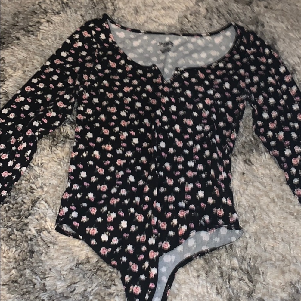 black bodysuit with pink and white roses